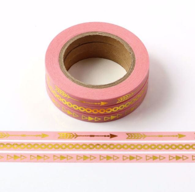 Gold Foil Arrows and Circles on Pink Slim Washi Tape 3 Rolls 5mm x 10m