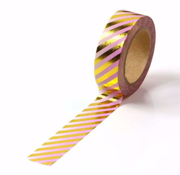 Gold Foil Diagonals on Pink Ombre Washi Tape (15mm x 10m)