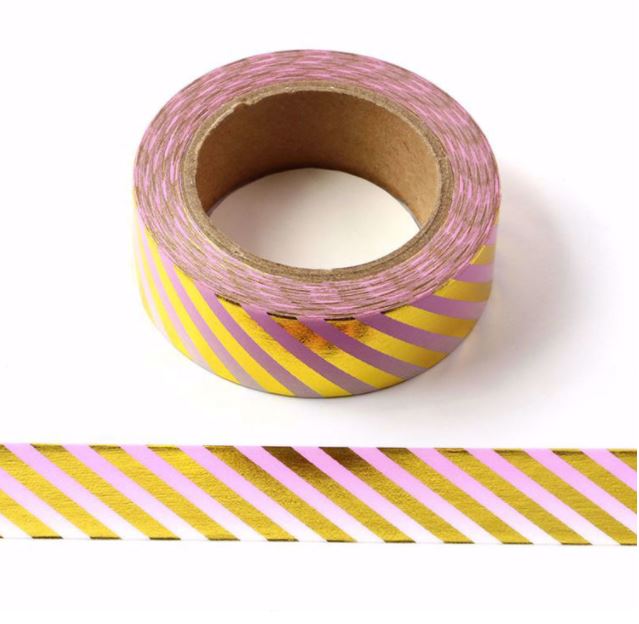 Gold Foil Diagonals on Pink Ombre Washi Tape (15mm x 10m)
