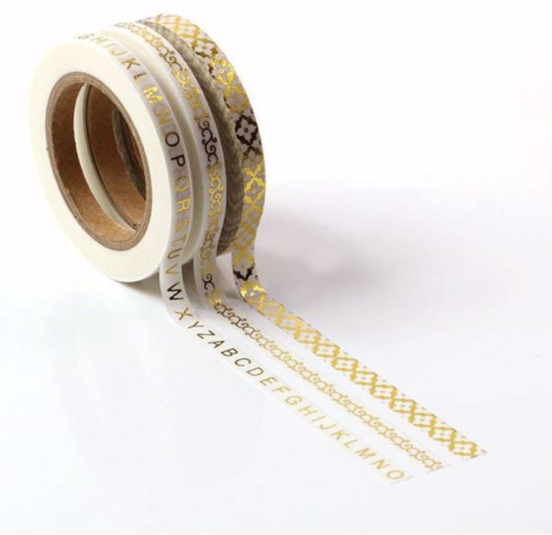 Gold Foil Letters and Patterns on Slim Washi Tape 3 Rolls 5mm x 10m