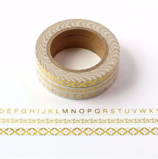 Gold Foil Letters and Patterns on Slim Washi Tape 3 Rolls 5mm x 10m
