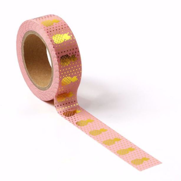 Gold Foil Pineapple on Pink Washi Tape (15mm x 10m)