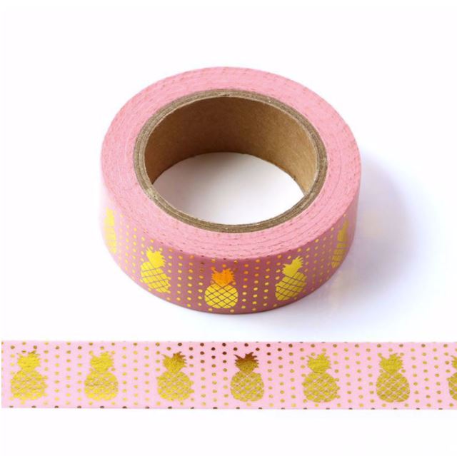 Gold Foil Pineapple on Pink Washi Tape (15mm x 10m)