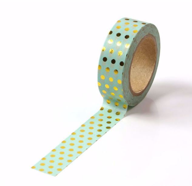 Gold Foil Polka on Mint Green Washi Tape (15mm x 10m)