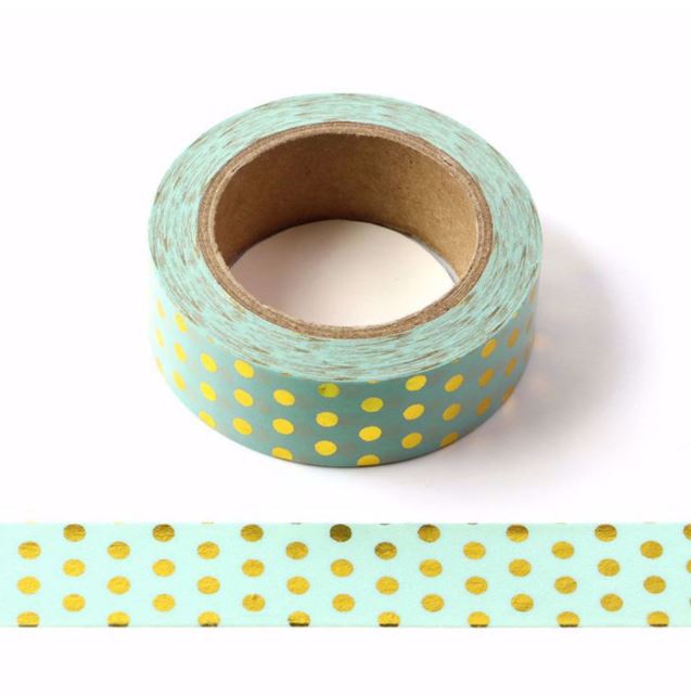 Gold Foil Polka on Mint Green Washi Tape (15mm x 10m)