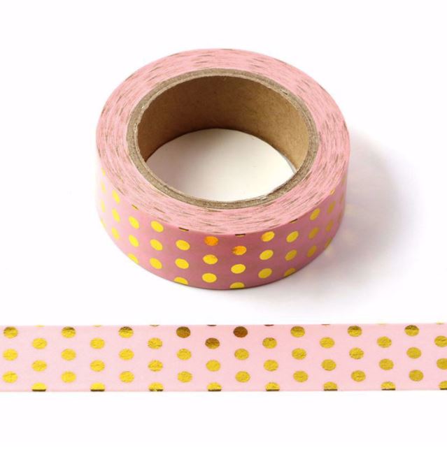 Gold Foil Polka on Pink Washi Tape (15mm x 10m)