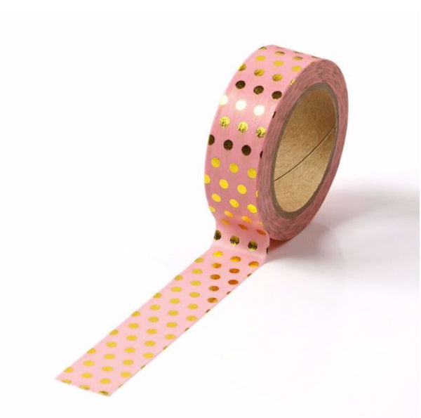 Gold Foil Polka on Pink Washi Tape (15mm x 10m)