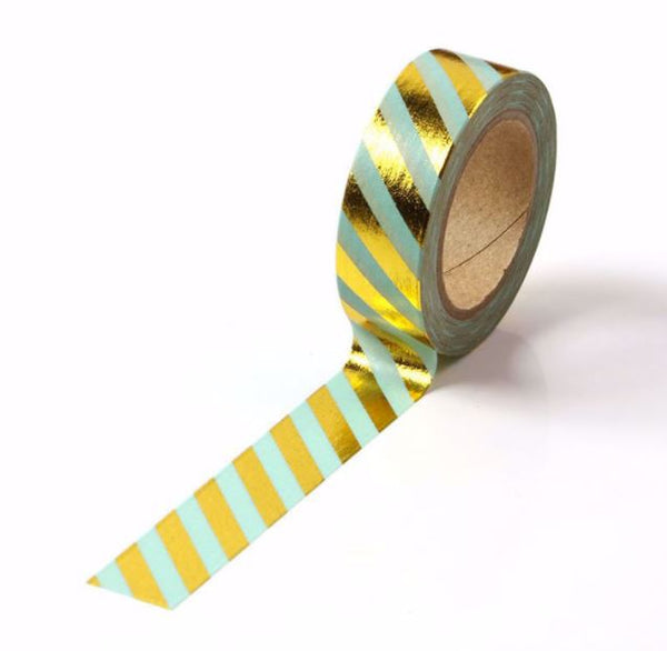 Gold Foil Diagonals on Green Washi Tape (15mm x 10m)