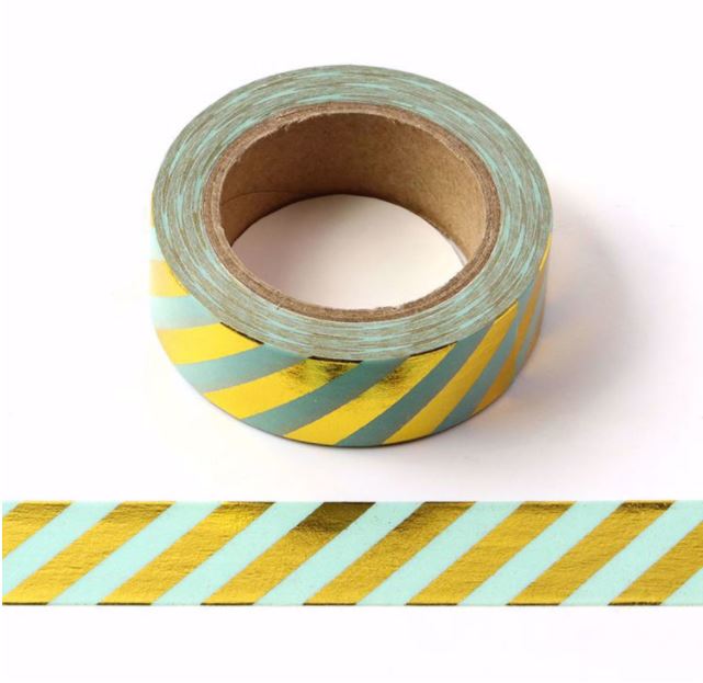 Gold Foil Diagonals on Green Washi Tape (15mm x 10m)