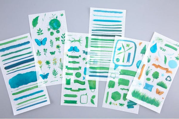 Watercolor Strokes Green Blue Deco Stickers - 6 Sheets