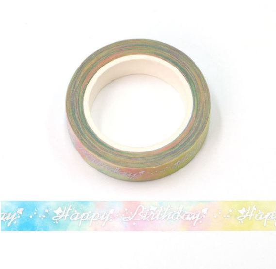 Holographic Happy Birthday Text on Pastel Washi Tape 10mm x 10m