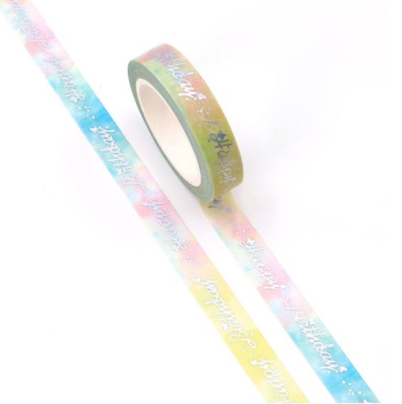 Holographic Happy Birthday Text on Pastel Washi Tape 10mm x 10m