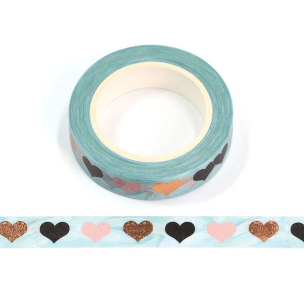 Hearts on Teal w/ Foil Accents Washi Tape 10mm x 10m