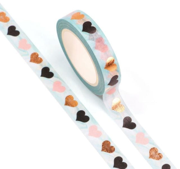 Hearts on Teal w/ Foil Accents Washi Tape 10mm x 10m