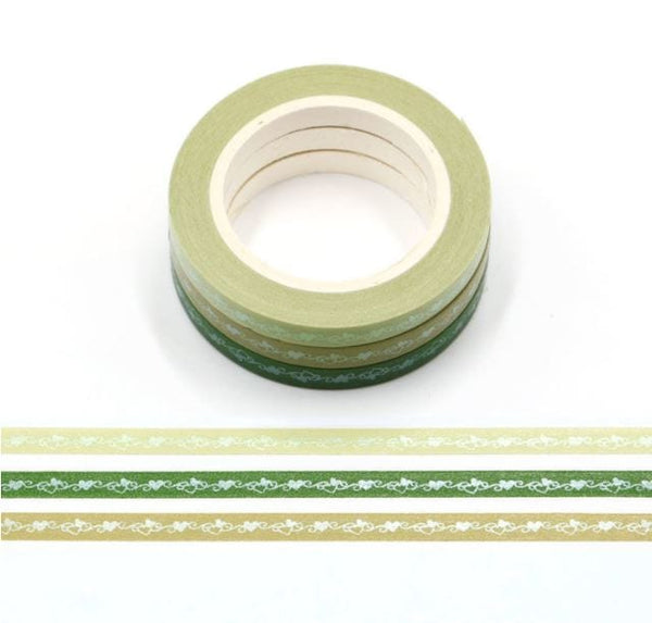 Matte Hearts on Green Shades Slim Washi Tape 3 Rolls 5mm x 10m