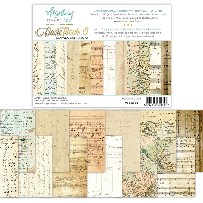 Mintay Vintage Backgrounds Basic Book 8 Paper Pad 6" x 8"