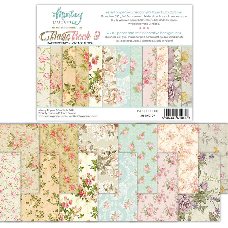 Mintay Vintage Floral Backgrounds Basic Book 9 Paper Pad 9 6" x 8"