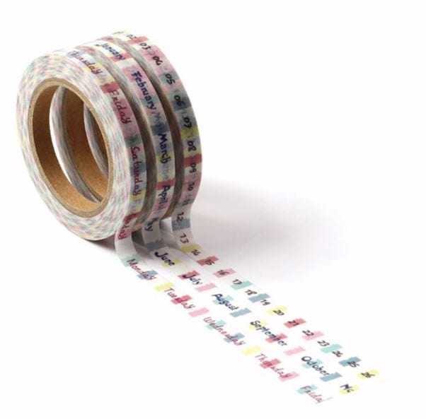 Months, Days and Dates on Slim Washi Tape 3 Rolls 5mm x 10m