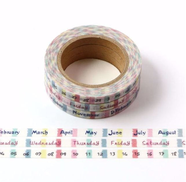 Months, Days and Dates on Slim Washi Tape 3 Rolls 5mm x 10m