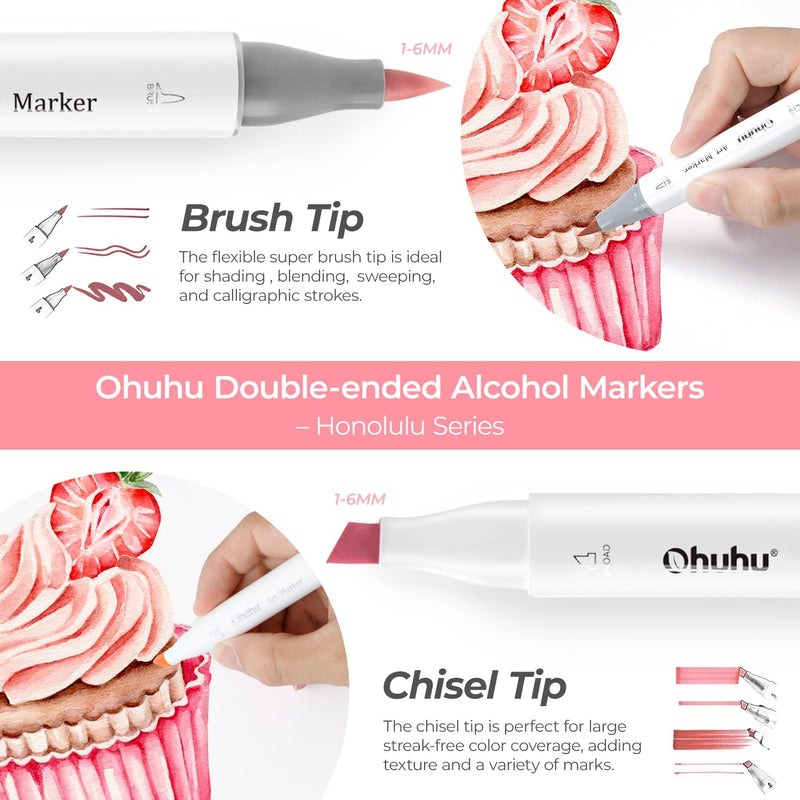 Ohuhu Alcohol Based Dual Tipped Sketch Markers 72 Color + 1 Blender (Chisel  & Brush), Y30-80401-95