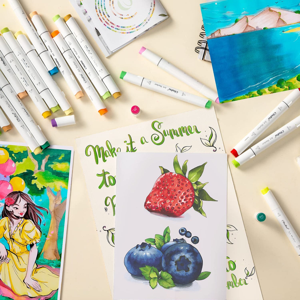 Ohuhu Honolulu 216 Colors Alcohol Based Brush Markers Y30-80404-07 & Y30-80404-73