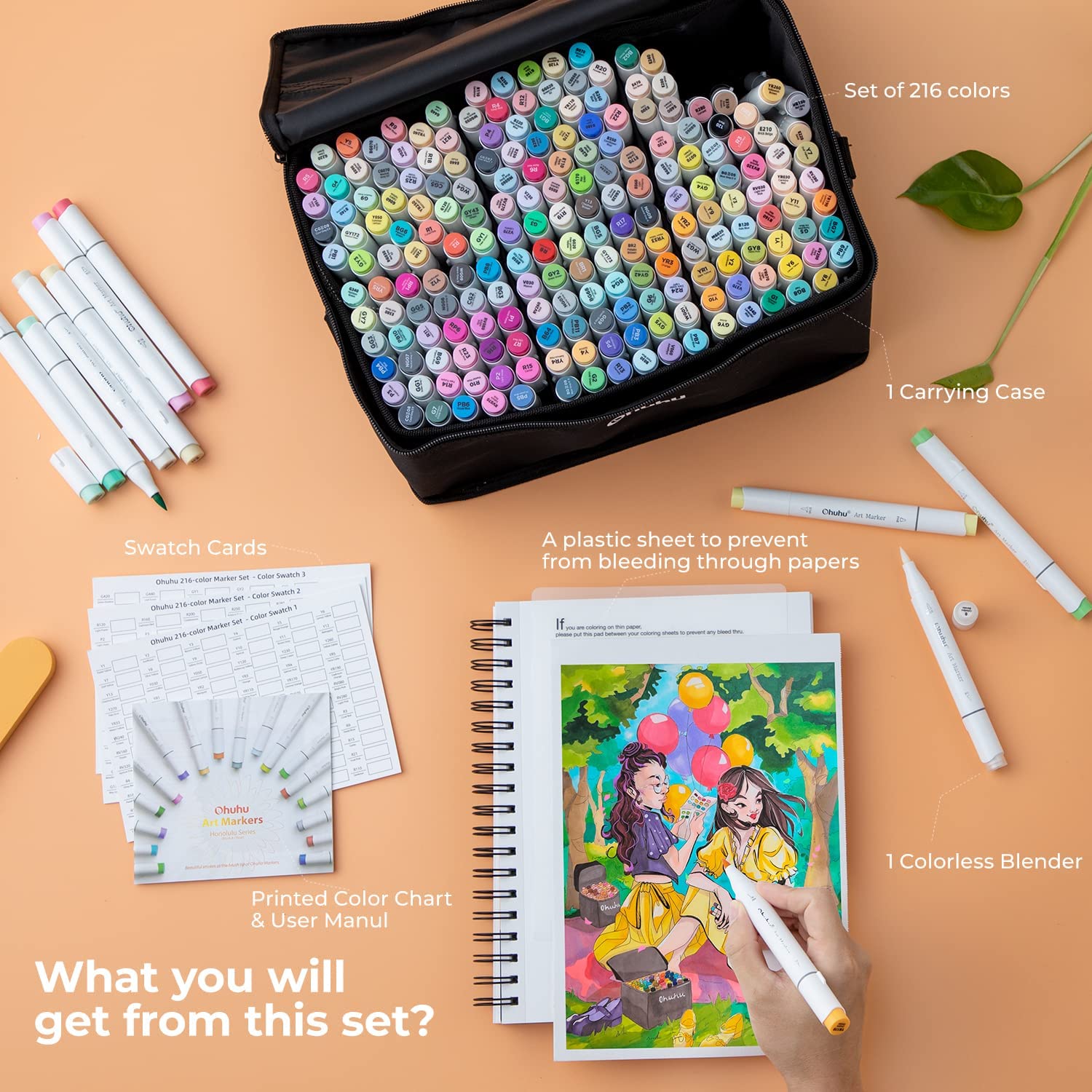 Ohuhu Honolulu 216 Colors Alcohol Based Brush Markers Y30-80404-07 & Y30-80404-73