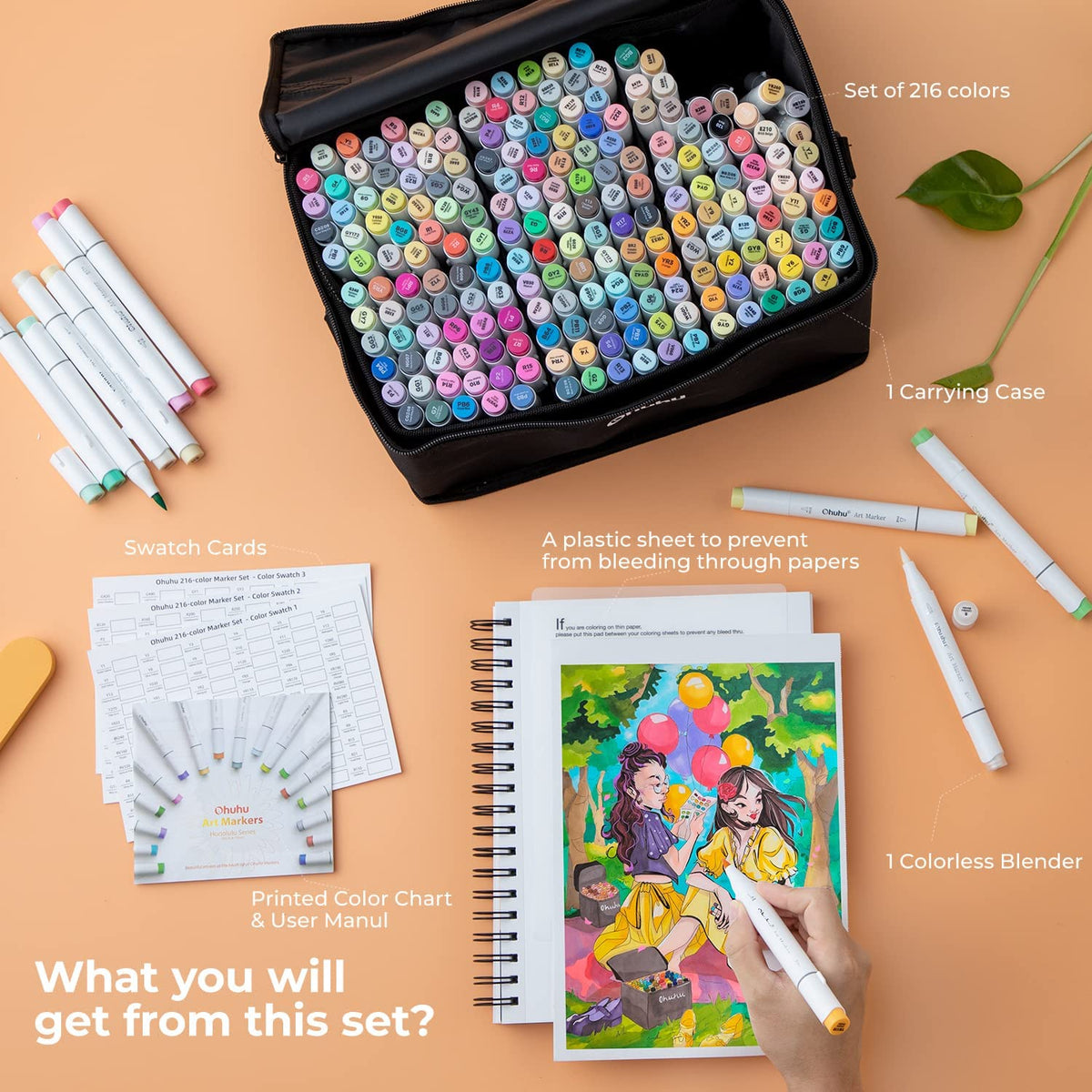 Ohuhu Honolulu 216 Colors Alcohol Based Brush Markers Y30-80404-07 & Y30-80404-73