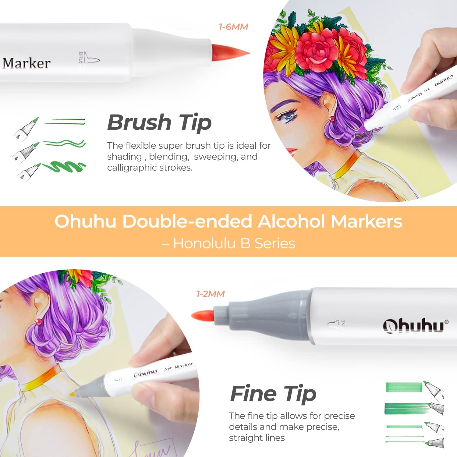 Ohuhu 48 Basic Colors Dual Tip Alcohol Brush Markers Y30-80404-24 & Y30-80400-40