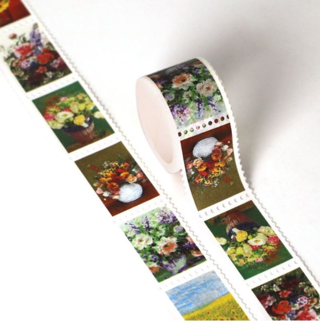 Flower Paintings Postage Stamps Perforated Washi Tape 25mm x 3m