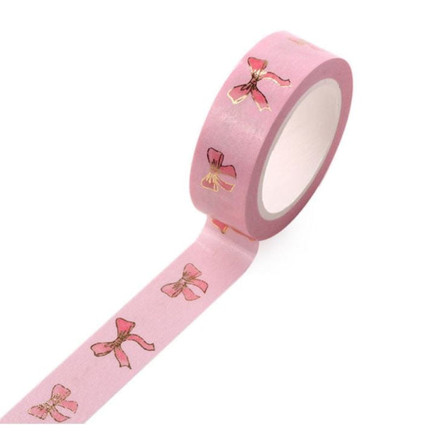 Pink Bows on Pink w/ Gold Outline Washi Tape 15mm x 10m