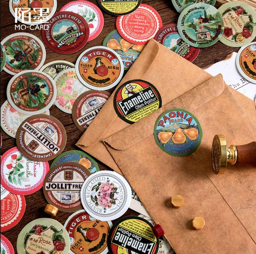 Mo Card Round Vintage Ad Prints Sticker Flakes in a Box