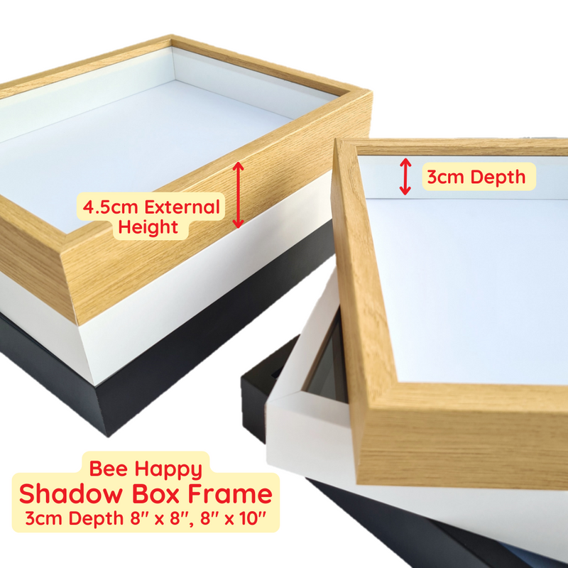 Bee Happy Shadow Box Frame w/ Glass Cover and Stand 3cm Depth (8" x 8", 8" x 10")