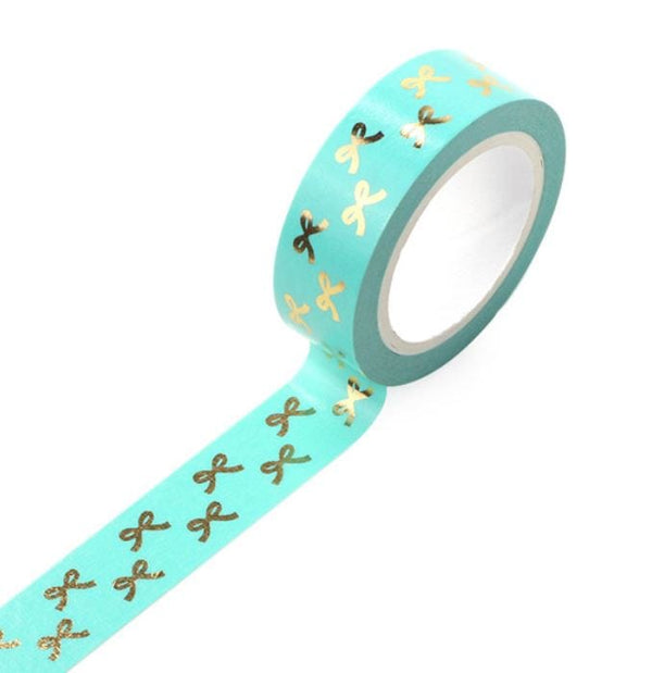 Small Foil Gold Bows on Mint Washi Tape 15mm x 10m
