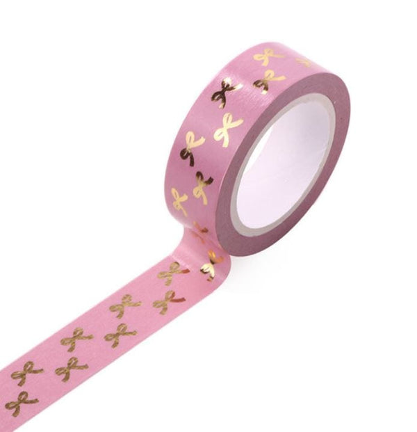 Small Foil Gold Bows on Pink Washi Tape 15mm x 10m
