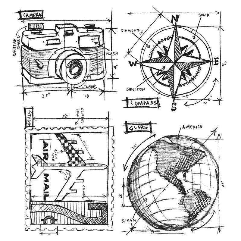 Stampers Anonymous Tim Holtz Travel Blueprint Cling Stamp