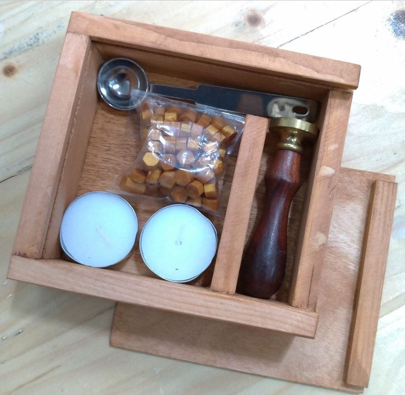 Wax Seal Set (1 Stamp, 3 Wax Sticks OR 1 Pack Wax Beads, 2 candles, 1 spoon and 1 wooden box)