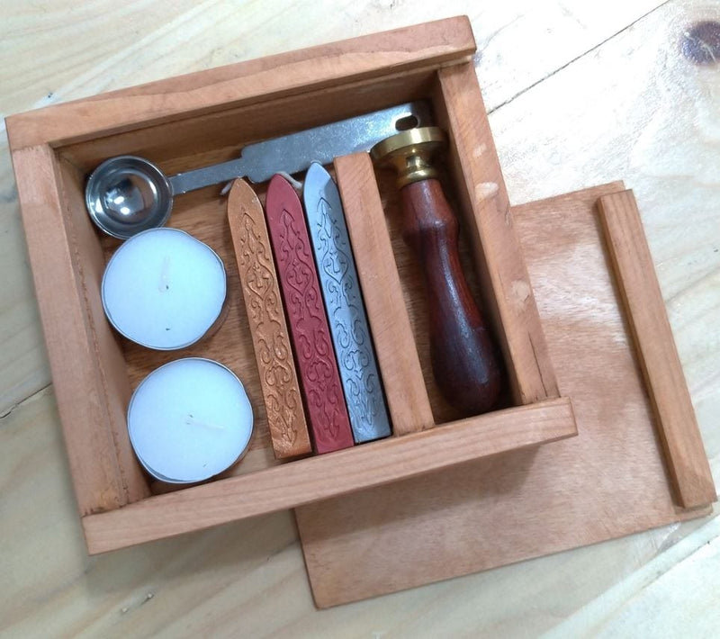Wax Seal Set (1 Stamp, 3 Wax Sticks OR 1 Pack Wax Beads, 2 candles, 1 spoon and 1 wooden box)