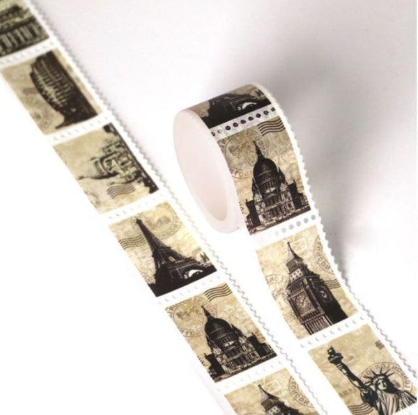 World Landmark Postage Stamps Perforated Washi Tape 25mm x 3m