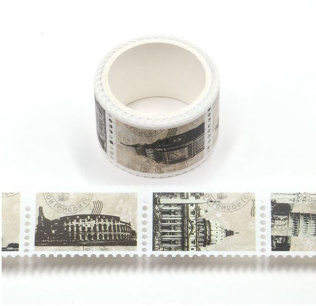 World Landmark Postage Stamps Perforated Washi Tape 25mm x 3m