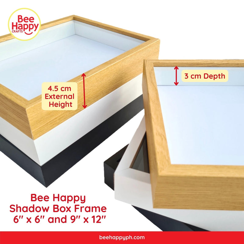 Bee Happy Shadow Box Frame w/ Glass Cover and Stand 3cm Depth 6" x 6"