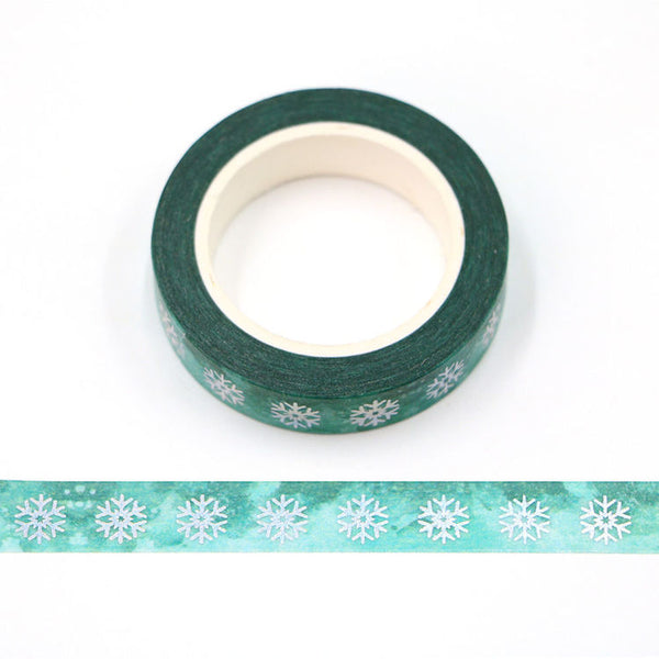 Watercolor Green Holographic Foil Snowflake Washi Tape 10mm x 10m