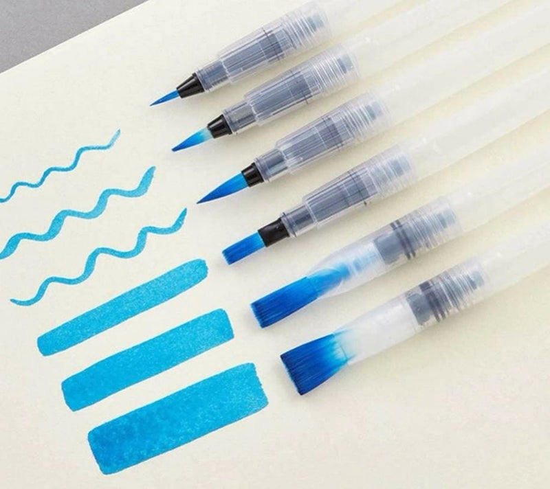 Water Brush Pens Flat and Round Set of 6 - 185mm